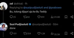 panggilan “Bu Teddy” trending usai Susi Pudjiastuti memberikan balasan soal pernyataan Hasan Nasbi yang kontroverional.(Sumber: X/@warmsterdam)