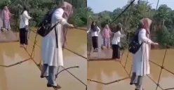 Momen sejumlah guru SD di Jambi nekat menyeberangi jembatan rusak untuk mengajar. (Sumber: Tangkap Layar Instagram/@medsoszone)