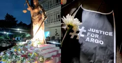 Potret tagar justice for Argo serta prosesi penebaran bunga di depan Fakultas Hukum UGM. (Sumber: X)