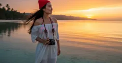Hasil edit prompt Gemini AI terbaru foto wanita liburan di pantai Lombok. (Sumber: Freepik)