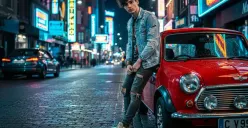 Hasil edit prompt Gemini AI foto cowok skena dengan mobil Mini Cooper jadi lebih keren. (Sumber: Freepik/stockking)