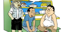 Ilustrasi obrolan warteg tiga sahabat berbincang menyoroti polemik beban utang proyek Kereta Cepat Whoosh, yang terus menjadi perdebatan publik. (Sumber: Poskota/Arif Setiadi)