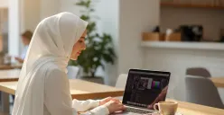 Hasil edit prompt Gemini AI wanita berhijab Work From Cafe (WFC) menggunakan MacBook Pro M4 Max jadi lebih keren. (Sumber: Freepik)