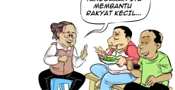 Ilustrasi tiga sahabat ngobrol santai di warteg sambil membahas program pemutihan tunggakan BPJS Kesehatan bagi peserta yang tak mampu. (Sumber: Poskota/Arif Setiadi)