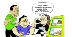 Ilustrasi obrolan di warteg soal sosok politisi muda Zohran Mamdani yang tengah jadi perbincangan dan diharapkan bisa menjadi panutan. (Sumber: Poskota/Arif Setiadi)