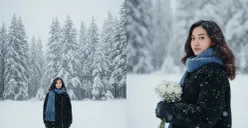 Hasil edit foto perempuan di tengah salju pakai prompt Gemini AI. (Sumber: Gemini AI)