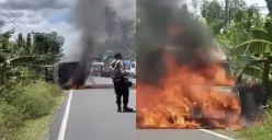 Insiden kebakaran mobil pengangkut uang milik Bank BUMN di Polewali Mandar. Sebanyak Rp 4,6 Miliar ludes terbakar, tidak ada korban jiwa. Simak penyebab dan kronologinya. (Sumber: X/@B3doel___)
