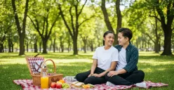 Hasil edit prompt Gemini AI foto pasangan sambil piknik romantis di taman dengan makanan dan minuman favorit. (Sumber: Freepik/jcomp)