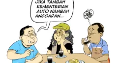 Ilustrasi obrolan di warteg: tiga sahabat berdiskusi soal usulan pembentukan Kementerian Pangan, salah satunya menyinggung bahwa penambahan kementerian otomatis menambah anggaran. (Sumber: Poskota/Arif Setiadi)