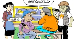 Ilustrasi obrolan tiga sahabat warteg membahas gugatan UU MD3, yang membuka peluang bagi rakyat untuk mengusulkan pemecatan anggota dewan yang dinilai ingkar janji. (Sumber: Poskota/Arif Setiadi)