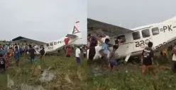 Pesawat Cessna milik Bro Skydive dengan registrasi PK-WMP mengalami pendaratan darurat di sawah Karawang, Jumat, 21 November 2025. (Sumber: X/@merapi_uncover)