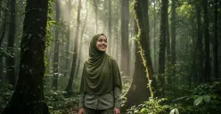 Hasil prompt Gemini AI visual wanita berhijab dalam latar alam terbuka, mulai dari pantai, hutan tropis, hingga puncak gunung. (Sumber: Freepik)