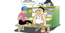 Ilustrasi obrolan di warteg, tiga sahabat sedang berbincang soal wacana perpanjangan usia pensiun anggota Polri, menekankan pentingnya hak bekerja dan produktivitas. (Sumber: Poskota/Arif Setiadi)