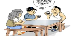 Ilustrasi obrolan tiga sahabat di warteg sambil menikmati kopi, membahas keinginan membuka usaha kecil namun terkendala modal. (Sumber: Poskota/Arif Setiadi)