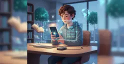 Ilustrasi siswa menggunakan smartphone untuk kegiatan belajar digital dengan dukungan perangkat ber-RAM besar dan baterai tahan lama. (Sumber: Gemini AI)