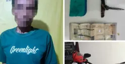 Terduga pelaku pencurian motor dan sejumlah barang bukti, termasuk kunci leter T, diamankan polisi. (Sumber: Istimewa)
