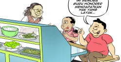 Ilustrasi suasana obrolan di warteg saat Hari Guru Nasional, memperlihatkan tiga sahabat yang berharap guru honorer mendapatkan hak dan kesejahteraan yang layak. (Sumber: Poskota/Arif Setiadi)