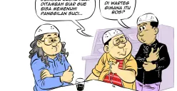 Ilustrasi tiga sahabat sedang berbincang di warteg tentang kuota haji 2026, sambil menyelipkan humor soal urusan pelunasan biaya dan hutang warteg. (Sumber: Poskota/Arif Setiadi)