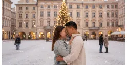 Hasil prompt Gemini AI terbaik foto pasangan liburan di Eropa berselimut salju. (Sumber: Freepik)