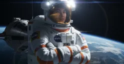 Hasil edit prompt Gemini AI foto cowok menjadi astronot NASA di luar angkasa menyerupai adegan film sci-fi. (Sumber: Freepik/cookie_studio)