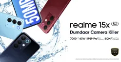 HP murah dengan fitur premium Realme 15x 5G menjawabnya! Dilengkapi ketahanan air IP68, kamera Sony 50MP, dan fast charging 60W. (Sumber: realme.com)