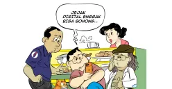 Ilustrasi obrolan warteg, para sahabat membahas viralnya video Gubernur Sumut Bobby Nasution saat hentikan truk berpelat BL. “Jejak digital enggak bisa bohong,” celetuk salah satu dari mereka. (Sumber: Poskota/Arif Setiadi)