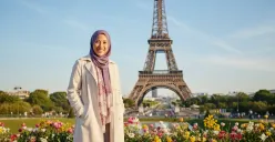 Hasil edit prompt Gemini AI terbaru potret wanita berhijab dengan latar pemandangan luar negeri. (Sumber: Freepik/tirachardz)