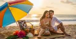Hasil edit foto prompt Gemini AI keren terbaru pasangan romantis di tepi pantai. (Sumber: Freepik)