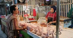 Imas, pedagang ayam di Pasar Baru Bekasi melayani pembeli di Pasar Baru, Bekasi Timur, Selasa 7 Oktober 2025. (Sumber: POSKOTA | Foto: Nurpini Aulia Rapika)