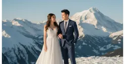 Hasil edit prompt Gemini AI prewedding terbaru dengan konsep ala Syifa Hadju dan El Rumi di pegunungan Swiss. (Sumber: Freepik/jcomp)