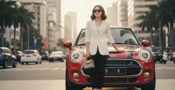 Hasil edit prompt Gemini AI foto wanita viral di samping mobil Mini Cooper. (Sumber: Freepik/user18526052)