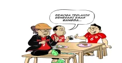 Ilustrasi obrolan warteg antara Bung Heri, Mas Bro, dan Bang Yudi membahas pentingnya mencetak generasi emas bangsa melalui program Sekolah Garuda. (Sumber: Poskota/Arif Setiadi)