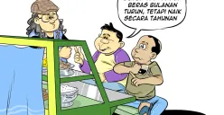 Ilustrasi obrolan di warteg: Warga membahas penurunan harga beras yang terjadi pada September 2025, namun secara tahunan harganya masih menunjukkan kenaikan. (Sumber: Poskota/Arif Setiadi)