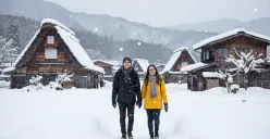 Hasil edit prompt Gemini AI foto berdua menikamati salju di berbagai negara secara realistis (Sumber: Freepik/stockking)