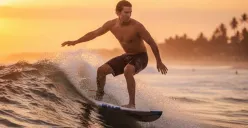Hasil edit prompt Gemini AI foto cowok keren di pantai Bali sambil surfing. (Sumber: Freepik)