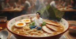 Hasil edit foto diri sendiri di atas makanan yang dibuat pakai prompt Gemini AI. (Sumber: Gemini AI)
