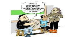 Ilustrasi obrolan di warteg: Tiga sahabat membahas usulan kenaikan status Bulog menjadi kementerian. “Tambah kementerian berarti pula tambah anggaran dan fasilitas negara,” ujar salah satu tokoh dalam percakapan. (Sumber: Poskota/Arif Setiadi)