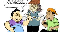 Ilustrasi obrolan warteg: Tiga sahabat berdiskusi santai tentang kebijakan baru distribusi pupuk. Pesan pentingnya, yang paling tahu kebutuhan pupuk sesungguhnya adalah para petani sendiri. (Sumber: Poskota/Arif Setiadi)