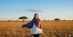Hasil edit prompt Gemini AI terbaru foto wanita berhijab di savana Afrika. (Sumber: Freepik/tirachardz)