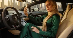 Hasil edit foto prompt Gemini AI viral wanita berhijab selfie di mobil lamborghini. (Sumber: Freepik)