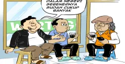 Ilustrasi obrolan warteg tiga sahabat berdiskusi tentang kebijakan BUMN dan pentingnya memberi kepercayaan kepada tenaga ahli dalam negeri. (Sumber: Poskota/Arif Setiadi)