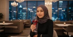 Hasil edit prompt Gemini AI foto wanita hijab di cafe mewah berlatar citylight. (Sumber: Freepik/tirachardz)