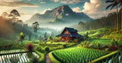 Suasana senja di sawah yang dihasilkan oleh Gemini AI, memadukan kehangatan alam dengan kecanggihan teknologi digital. (Sumber: Pinterest)