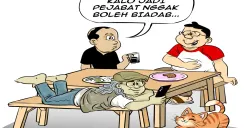 Ilustrasi obrolan santai di warteg — tiga sahabat berdiskusi soal pentingnya adab bagi pejabat publik, menegaskan pesan: “Pokoknya kalau jadi pejabat, nggak boleh biadab.” (Sumber: Poskota/Arif Setiadi)