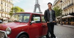 Hasil edit prompt Gemini AI edit foto cowok macho pakai Mini Cooper di luar negeri. (Sumber: Freepik/drobotdean)