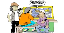 Ilustrasi obrolan warteg: Tiga sahabat berbincang santai sambil makan di warteg, membahas pentingnya menyingkirkan beban demi kemajuan — menggambarkan kritik terhadap menteri yang dinilai tidak efektif. (Sumber: Poskota/Arif Setiadi)