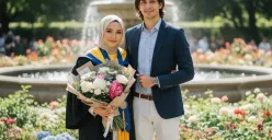 Hasil edit foto bertema wisuda bareng pasangan pakai prompt Gemini AI. (Sumber: Gemini AI)