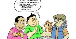 Tiga sahabat dalam obrolan warteg menyinggung dana pemda yang mengendap di bank. “Kalau sengaja diendapkan biar berbunga, itu sungguh terlalu,” ujar salah satu dari mereka. (Sumber: Poskota/Arif Setiadi)