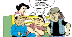 Ilustrasi Obrolan Warteg — Tiga sahabat berharap penurunan biaya haji tahun 2026 diikuti dengan peningkatan kualitas pelayanan bagi para jemaah. (Sumber: Poskota/Arif Setiadi)