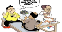 Ilustrasi obrolan warteg tiga sahabat membahas Tritura atau Tiga Tuntutan Rakyat, dikemas ringan sambil menikmati kopi dan hidangan sederhana. (Sumber: Poskota/Arif Setiadi)